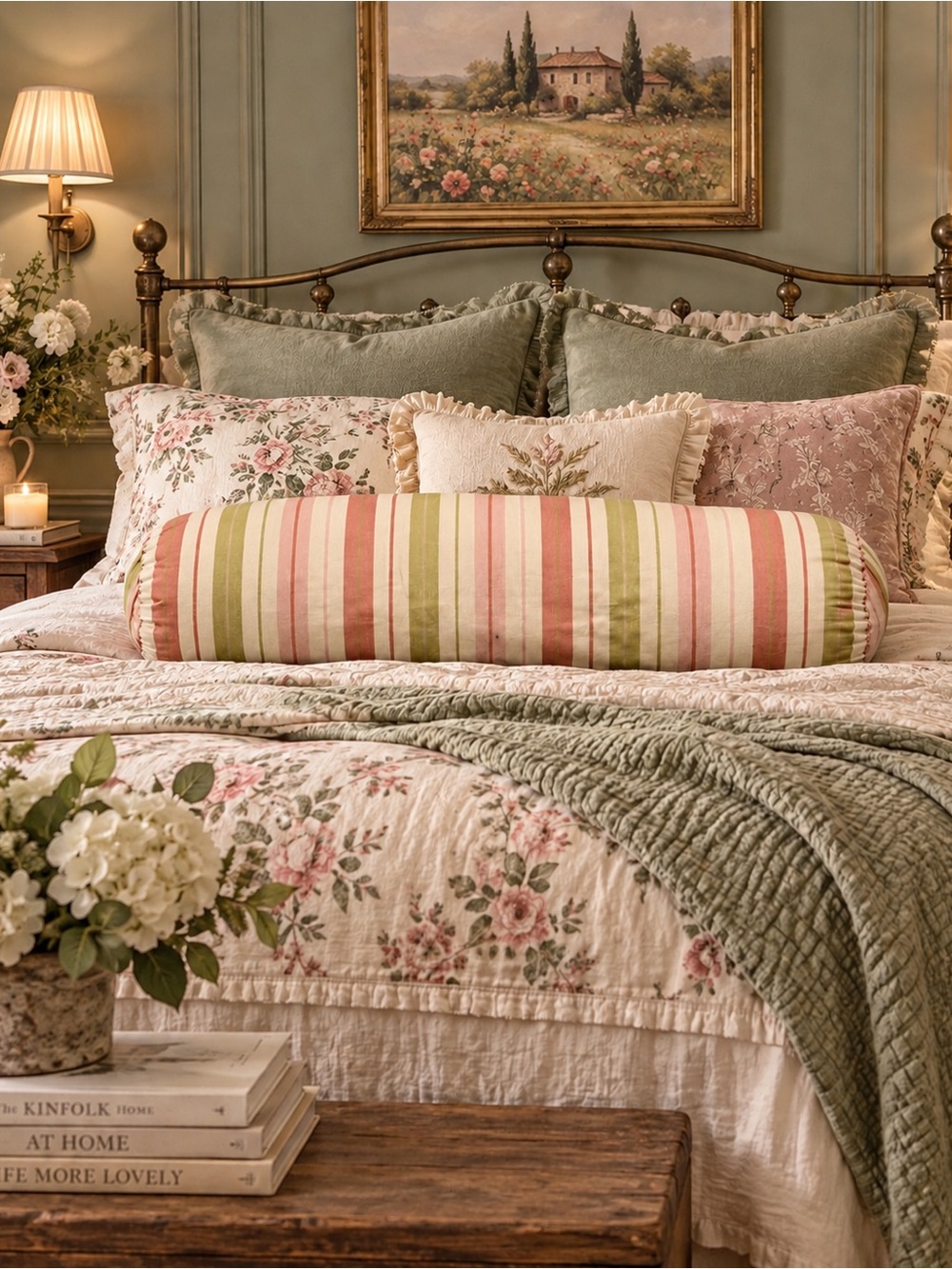 Extra Long Pink Green Striped Bolster Pillow Luxe Cottagecore Grandmillennial